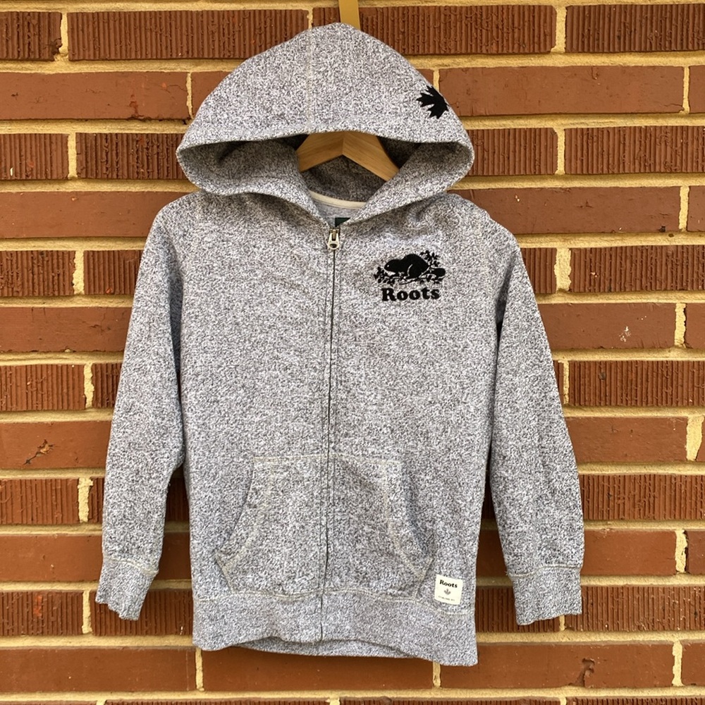 Roots Kid's Full Zip Up Jacket Grey White Canadian Leaf Beaver Size Large 9-10yr